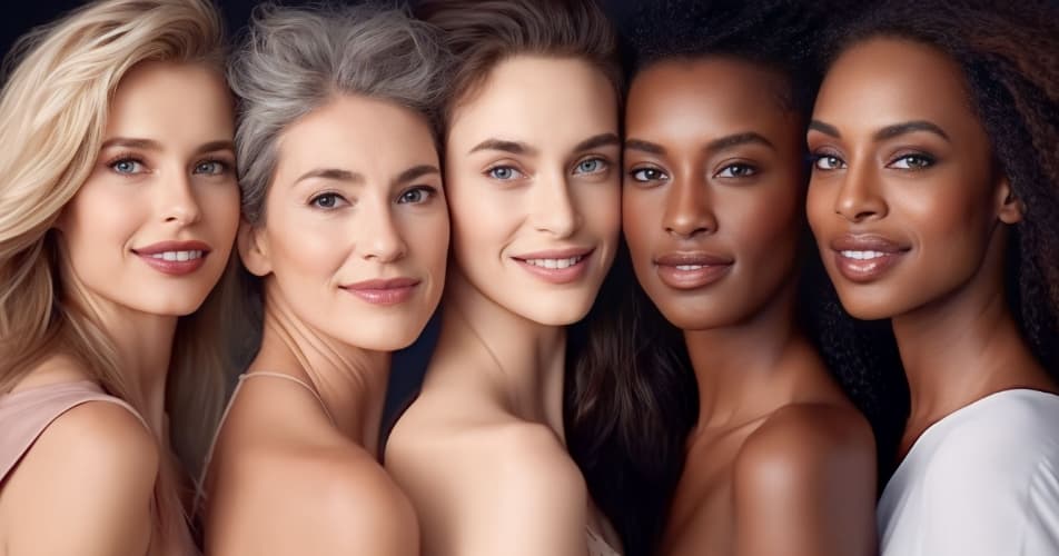 Five women of different ages and ethnicities positioned side by side and smiling