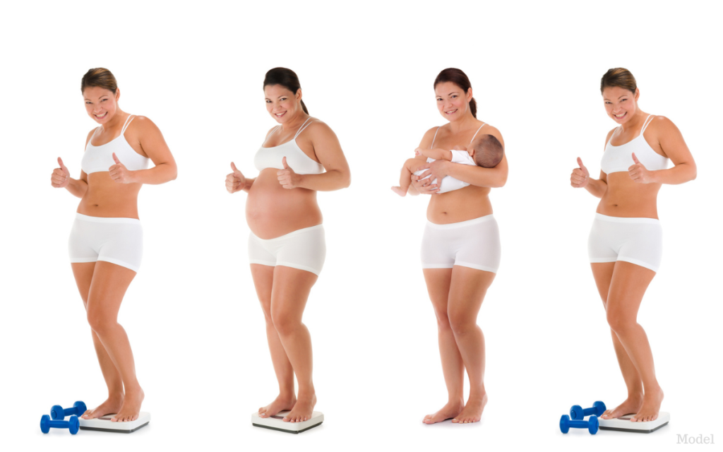 sequence of several stages in a woman pre-pregnancy, pregnant, after birth, and post mommy makeover; from left to right (model)