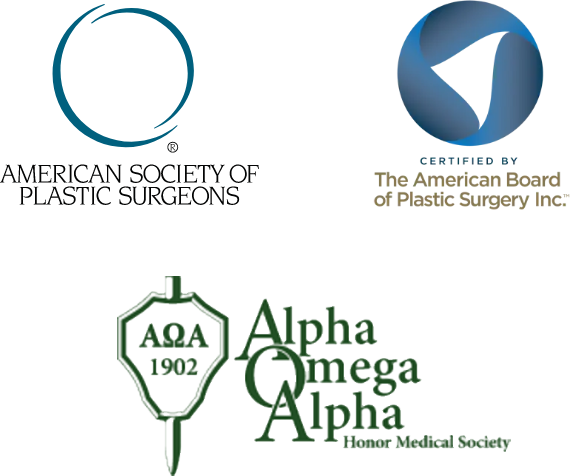 Dr. Mehta's credential logos including American Society of Plastic Surgery, The American Board of Plastic Surgery, & Alpha Omega Alpha