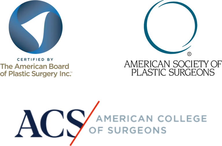 Dr. White's credential logos including The American Board of Plastic Surgery Inc, American Society of Plastic Surgeons, & American College of Surgeons
